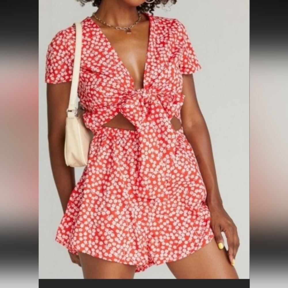 Polly Virgo Orange & White Floral Romper W Tie Front & Elastic Waistband Size 6